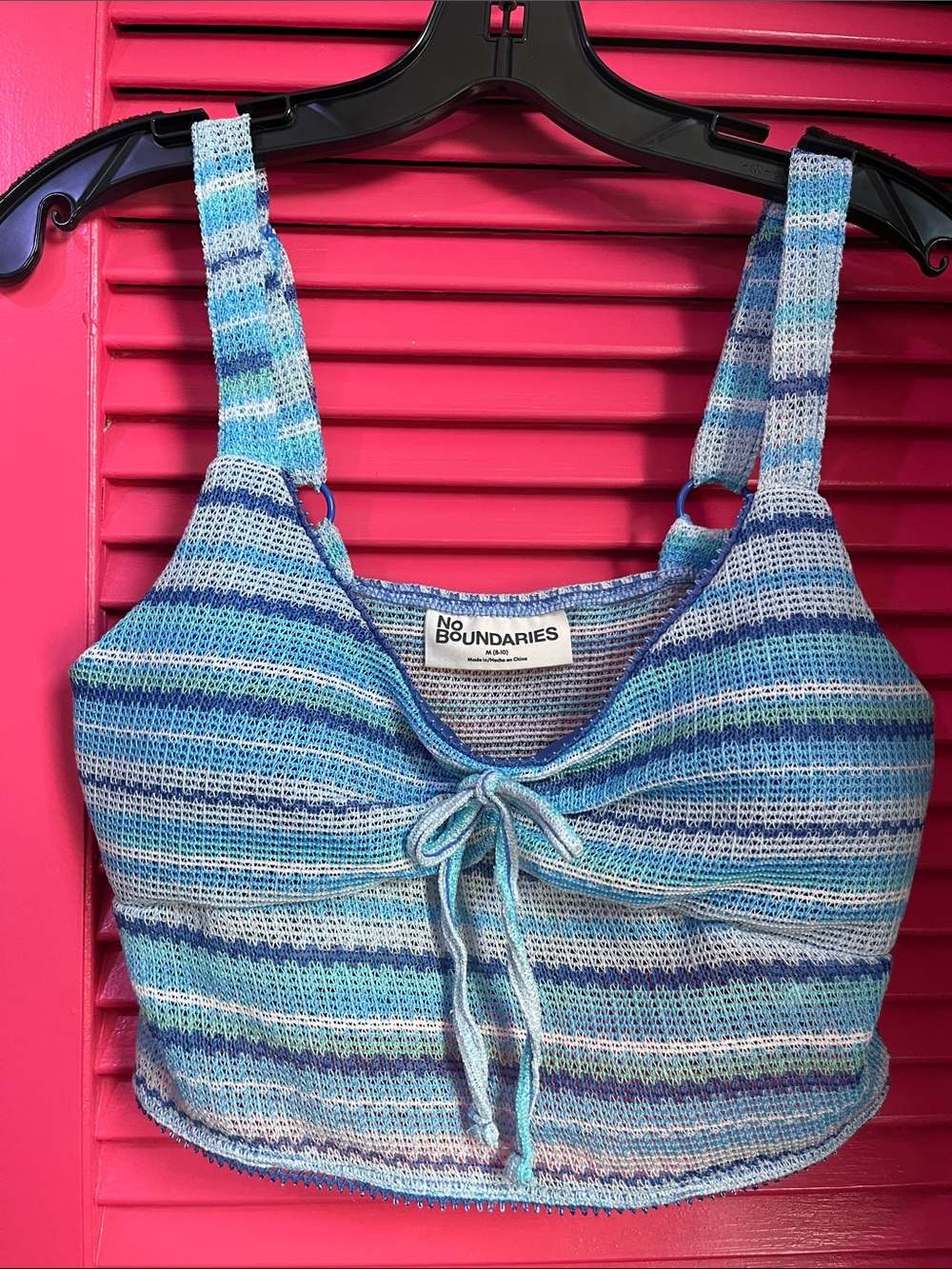 No Boundaries Blue Aqua Striped Tie-Front Knit Crop Top